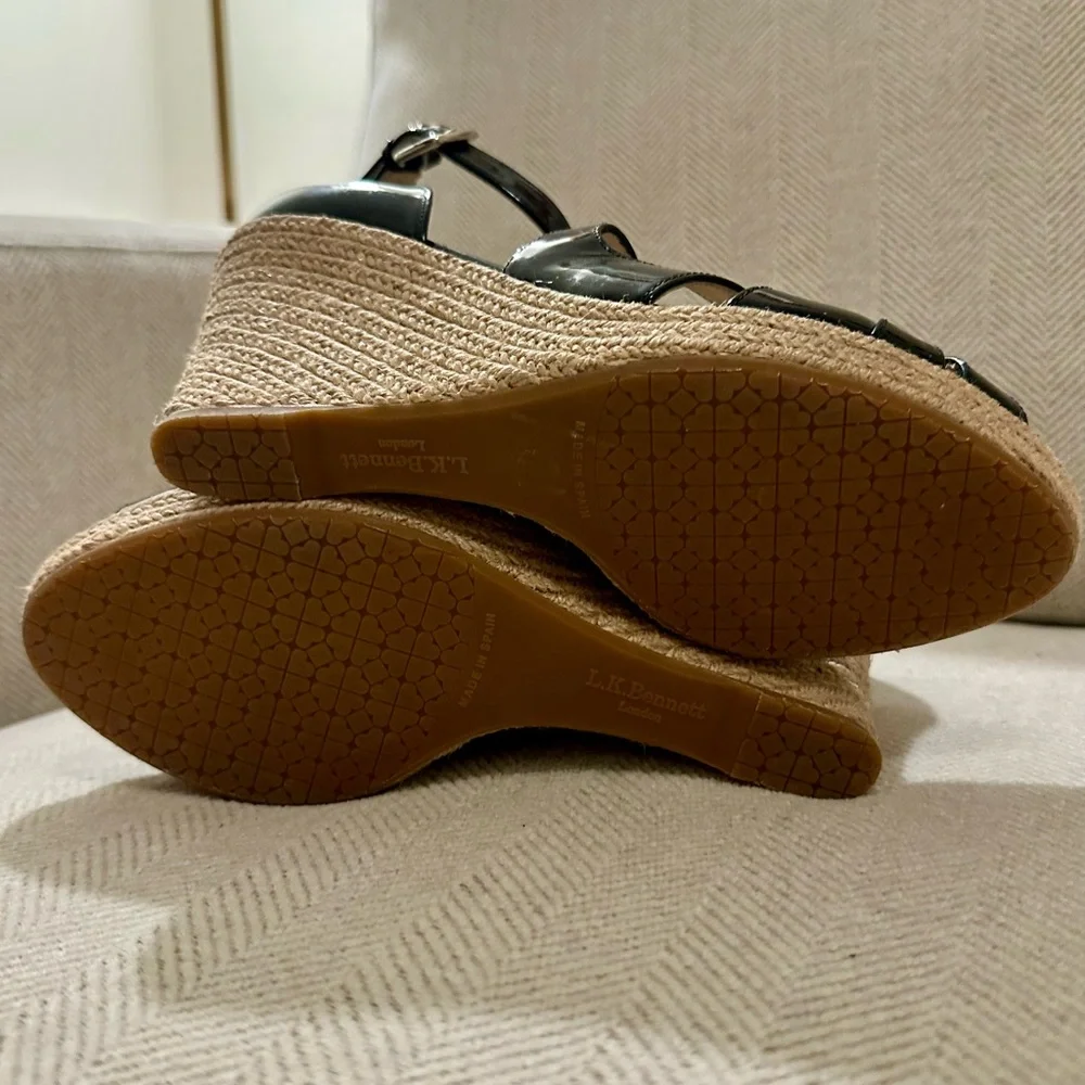 LK Bennett Black Patent Espadrille Wedges 39.5